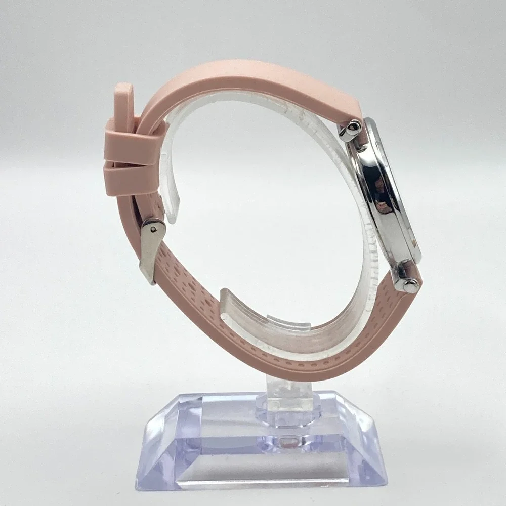 Anne Klein Women's Watch 34mm Silver Tone Beige Dial Silicone Band New Battery